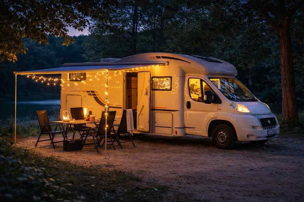 Camper Sunny - night ambiance with lighting, perfect for family camping in Bulgaria
