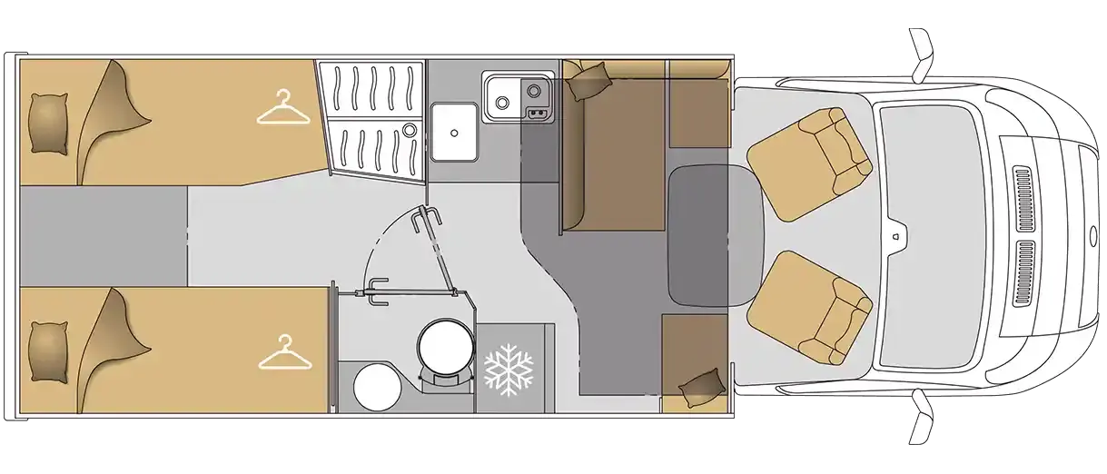 Camper Moovy Mooveo TEI-70EBH floor plan - layout with rear single beds and drop-down bed sleeping 5